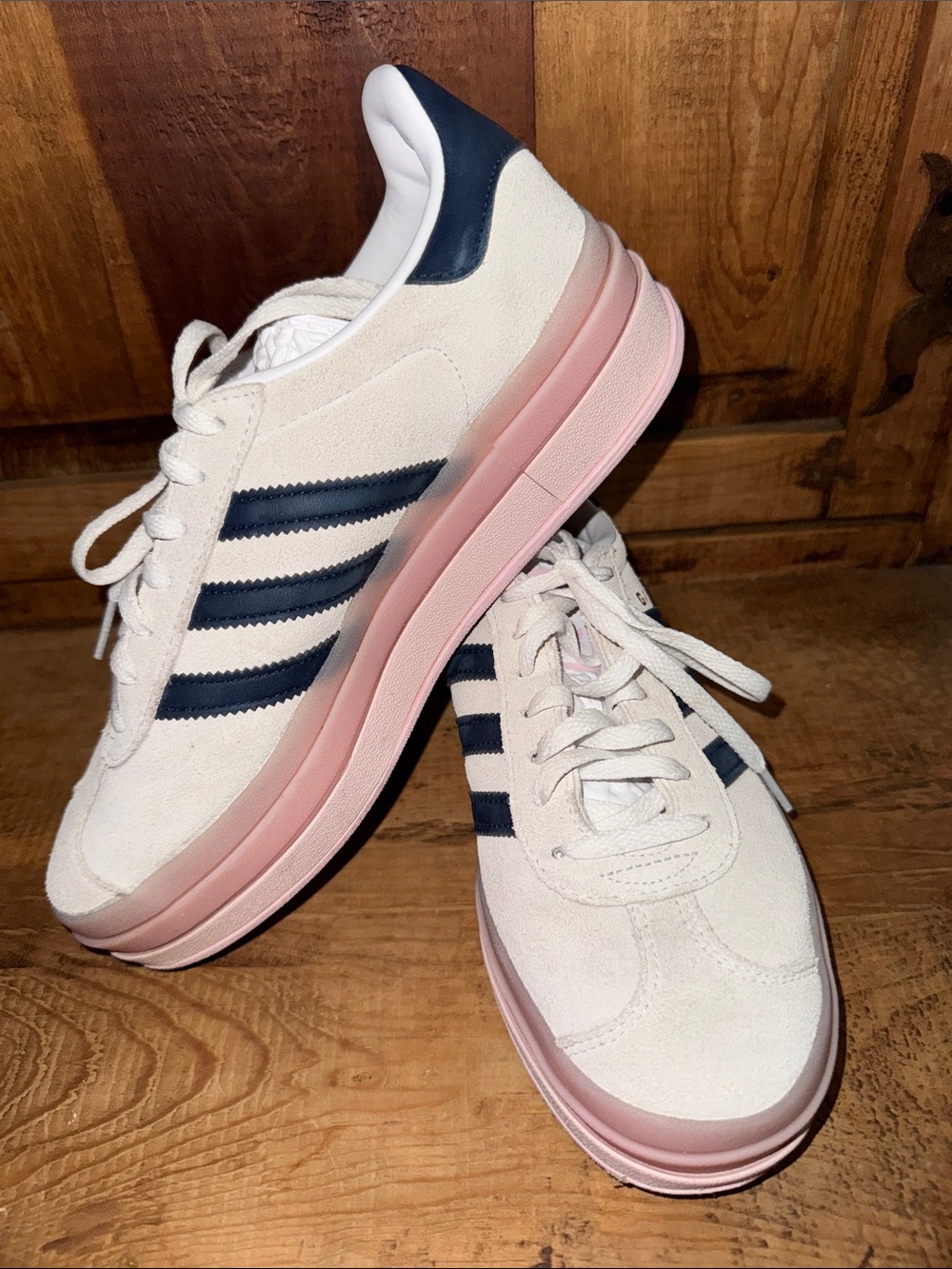 adidas Women's White Suede Sneakers with Navy Stripes and Pink Platform